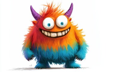 Fototapeta premium Friendly colorful monster with small horns and a big smile, isolated on a white surface