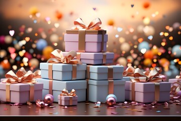 A 3D render of gift boxes with ribbons and bows placed on a white podium surrounded by colorful confetti, perfect for a birthday, Valentinea??s, or holiday celebration, captured in high-definition, in