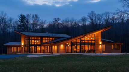 Obraz premium Modern Architectural marvel nestled in a serene woodland setting at twilight