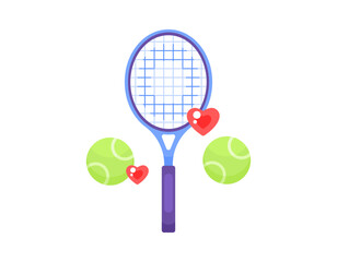 illustration of a tennis racket with two tennis balls and a heart symbol. like playing tennis. sport. equipment, goods, objects. flat style design. elements