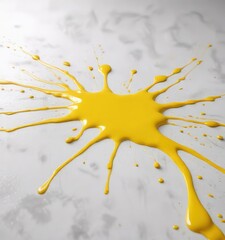 A puddle of bright yellow paint on a white surface with dripping colors around it, splattered art , yellow, creative accident