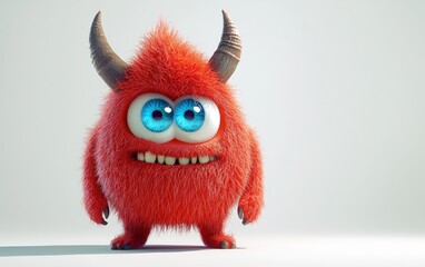 Fototapeta premium 3D funny fluffy deep red monster with horns and big blue eyes, cartoon character standing on a bright white background