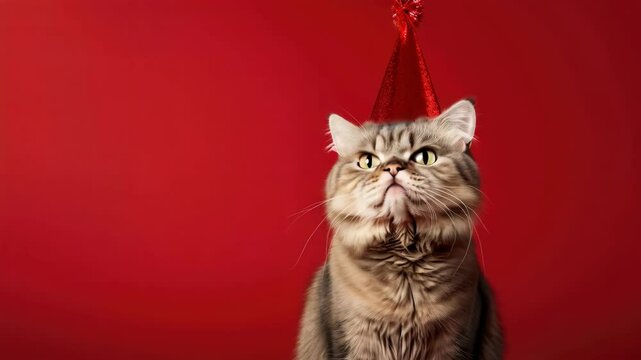 A cute, grumpy in hat cat with a red background.	