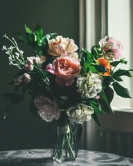 Obraz premium Elegant floral bouquet on a table with soft indoor lighting