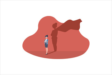 Business woman dreams of becoming a superhero. Confident pretty young woman standing superhero shadow concept illustration.