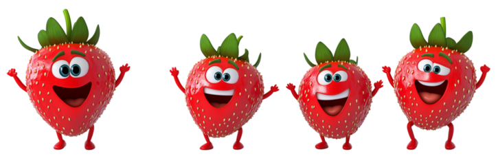 Four cute cartoon strawberries with happy expressions, arms, and legs isolated on transparent background png