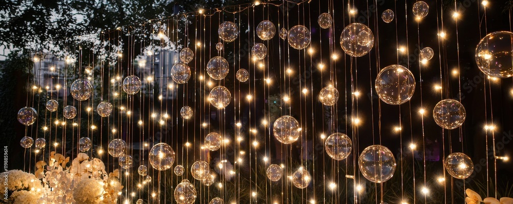 Poster a beautiful display of hanging glass orbs illuminated by soft lights, creating a magical, enchanting