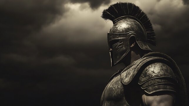 An ancient warrior in full armor with a crest helmet standing stoically in a stark minimalist setting under dramatic lighting