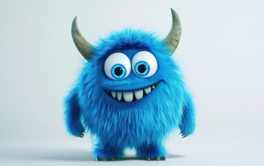 Fototapeta premium funny Fluffy bright monster with horns and big blue eyes, cartoon charachter standing on a bright white background