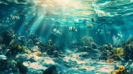 Obraz premium Vibrant Underwater Coral Reef Scene with Sunlight
