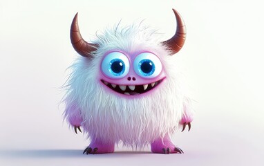Fototapeta premium funny Fluffy bright monster with horns and big blue eyes, cartoon charachter standing on a bright white background