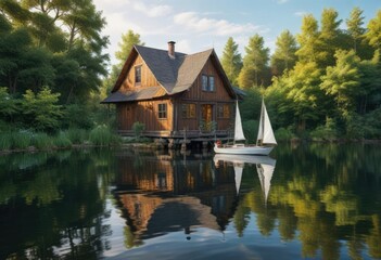Obraz premium A small white sailboat bobbing gently on the lake water beside a rustic wooden house, rustic house, soft focus