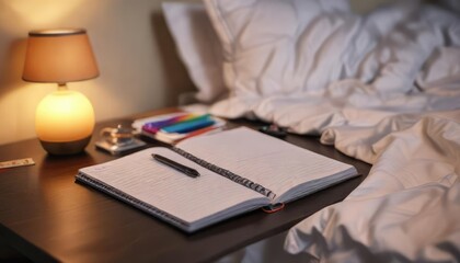 A smooth pen lies next to an empty notebook on a clutter-free bedside table with a few pillows , , paper, decor