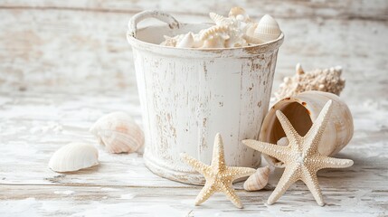 Fototapeta premium Seashells and Starfish in a White Bucket on Rustic Wooden Background