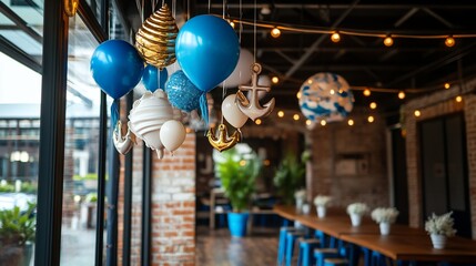 Nautical-themed party decorations hanging from the ceiling of a restaurant, featuring blue and white balloons, anchors, and string lights. A festive atmosphere is created by the decorations.