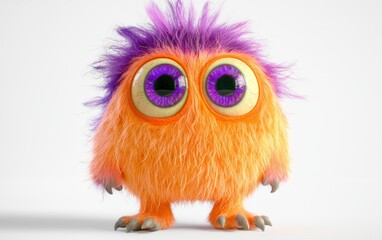 Fototapeta premium Adorable orange and purple fluffy monster with giant eyes, standing on a stark white background