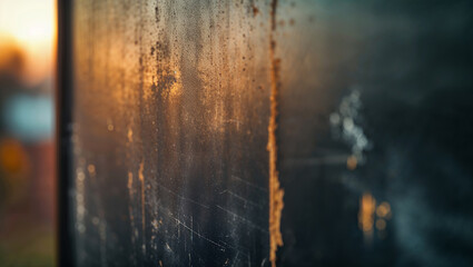 Fototapeta premium Close up of dirty and scratched glass reflecting golden sunset light