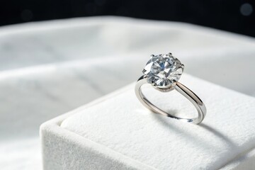 A solitary diamond solitaire ring on a crisp white surface showcasing the gemstone's exceptional brilliance and clarity, luxurious, clear