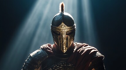 An ancient warrior in full ceremonial armor with a crest helmet standing stoically under a beam of light in a minimalist setting