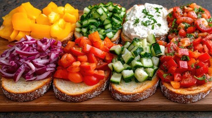Colorful vegetable bruschetta appetizer on wooden board