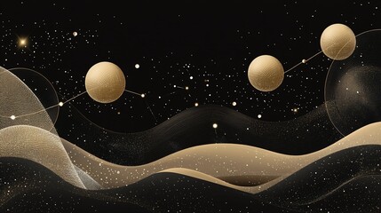 Fototapeta premium Abstract Golden Celestial Landscape: Elegant Black and Gold Cosmic Waves with Glowing Planets
