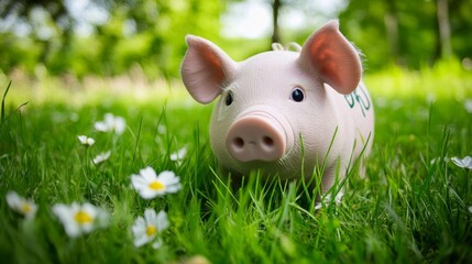 Adorable Pink Piggy Bank in a Lush Green Meadow with Daisies