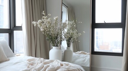 Serene Bedroom Oasis: Minimalist Bedroom Decor with White Flowers and Natural Light