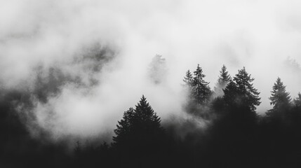 Fototapeta premium Black and White Photo of Trees Silhouetted Against a Dense Fog