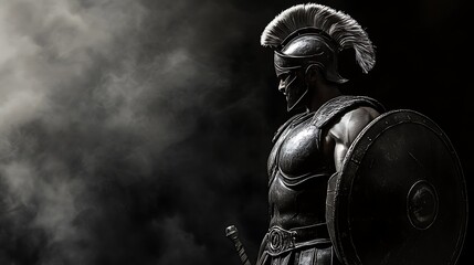 Spartan warrior in battle stance, wearing black and white armor, a black background with a faint white smoke haze
