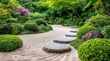 Serene Japanese garden path, raked sand, stepping stones, lush greenery