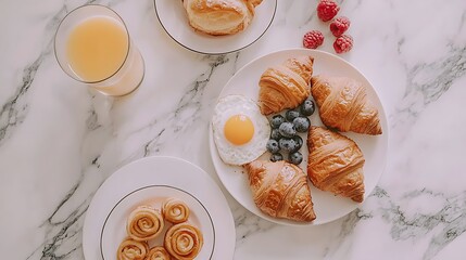 Delicious breakfast pastries, fried egg, berries, juice, marble table