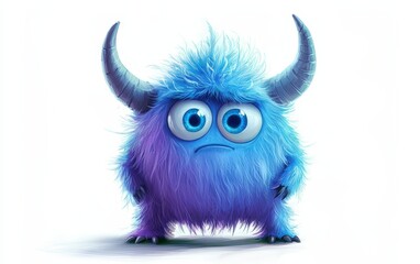 Naklejka premium funny Fluffy bright monster with horns and big blue eyes, cartoon charachter standing on a bright white background