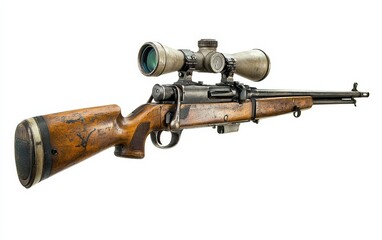 Hunting rifle with a wooden stock and scope, isolated on a white background