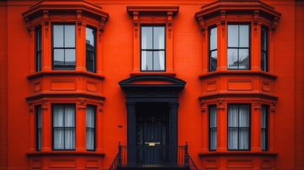 Vibrant orange Victorian townhouse with black accents and large windows, set against a clear sky