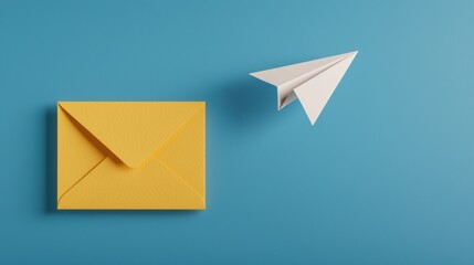Minimalist digital art flying paper airplane and yellow envelope