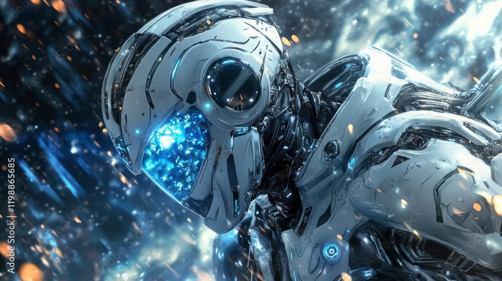 Poster powerful futuristic robot in a dynamic digital scene