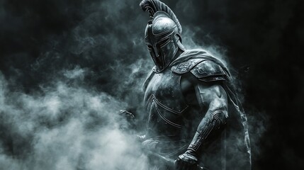 Spartan warrior poised to attack, black and white armor glistening, dark background with light white smoke curling around