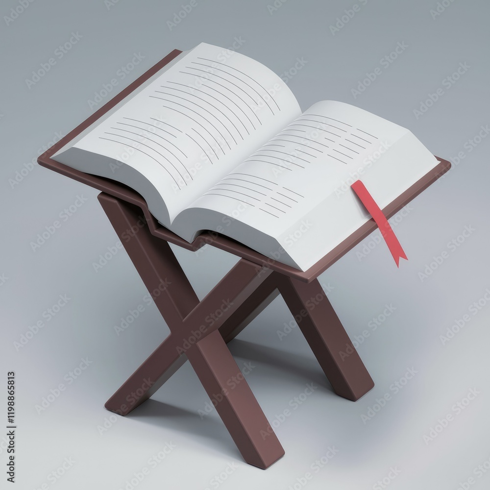 Poster a book rests open on a simple wooden book stand, ready for reading.