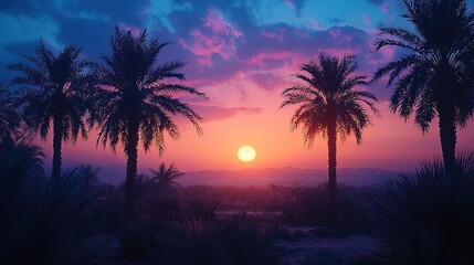 Obraz premium Sunset Oasis: Palm Trees & Desert Landscape