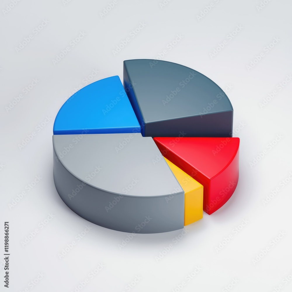 Poster a 3d pie chart divided into five sections, showcasing different data proportions in vibrant colors.
