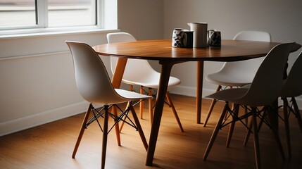 Modern Dining Room Interior: Wooden Table and White Chairs