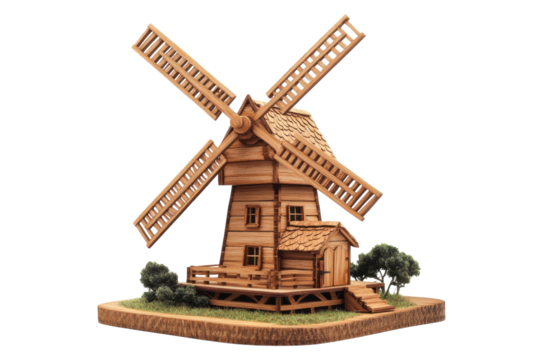Wooden windmill model crafted with intricate details showcasing a quaint rural scene
