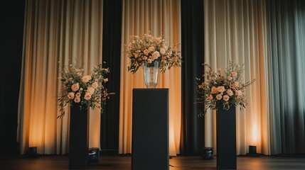 Elegant Peach Rose Floral Arrangement Centerpieces on Black Pedestals Against Draped Beige and Black Curtains