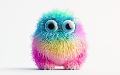 Fototapeta premium Soft, colorful monster with a rainbow-colored fur and wide eyes, placed on a pure white backdrop