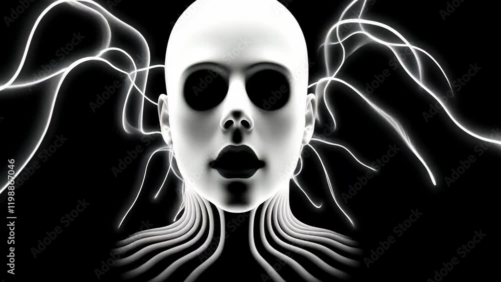 Poster surreal digital artwork of faceless figure with glowing lines emanating from head, creating eerie at