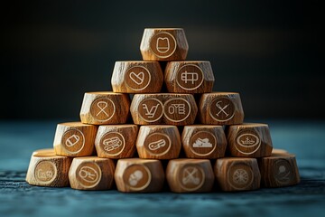 Wooden Blocks with Medical and Healthcare Icons Arranged in a Pyramid