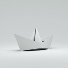 A simple white origami paper boat sits on a plain white background.