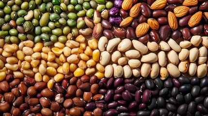 Intricate Arrangement of Various Beans, Nuts, and Seeds in Brown, Yellow, Green, Red, Purple Tones on Table, High-Quality Close-Up Photo with Shallow Depth of Field
