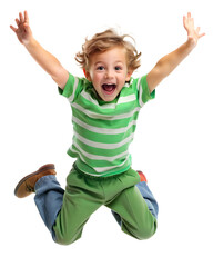 Little boy playing and jumping in the air with a happy smile, isolated on a transparent background. Joyful child having fun, enjoying outdoor activities.

