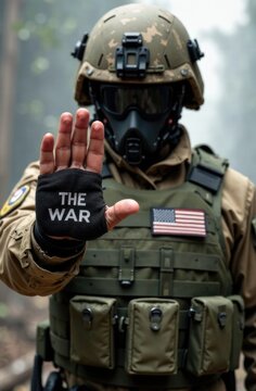 a military man in equipment, wearing a bulletproof vest, his face is not visible in a mask, raised his hand in front of him, spread his fingers, on the patch in front of him it says STOP THE WAR